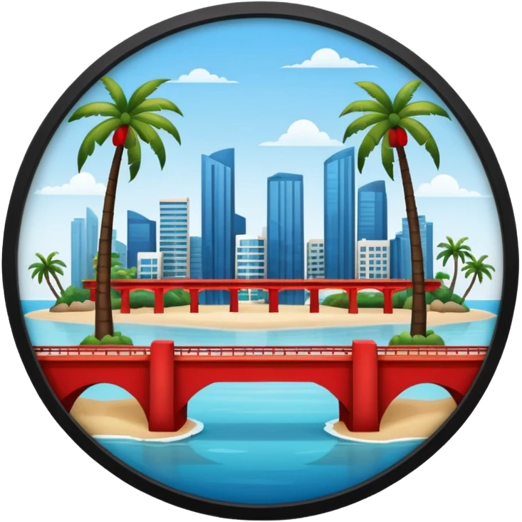 a circle island with modern buildings, a beach with palm trees. also, a red bridge behind.  emoji