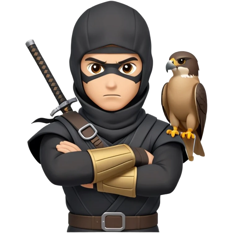 clash-of-clans-aesthetic_-cinematic-mysterious-male-ninja-portrait-emoji, rendered in a flat, vector-style with minimal shading and bold, simplified shapes, with a head slightly turned revealing intense, focused eyes. the ninja has his arm out and perched on top of his forarm is  a peregrin falcon  emoji