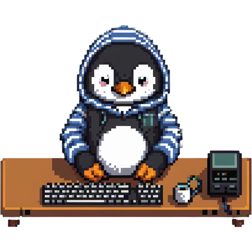 A retro-style penguin with a striped hoodie typing on an old-school computer keyboard emoji