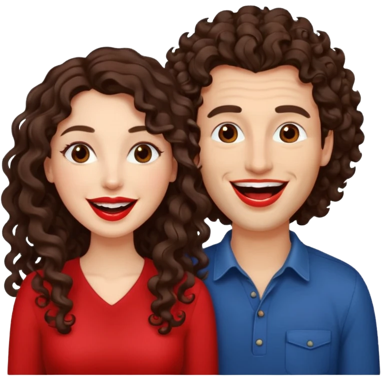 two people. one woman with long curly dark brown hair. one man with brown hair that goes up. they are laughing emoji