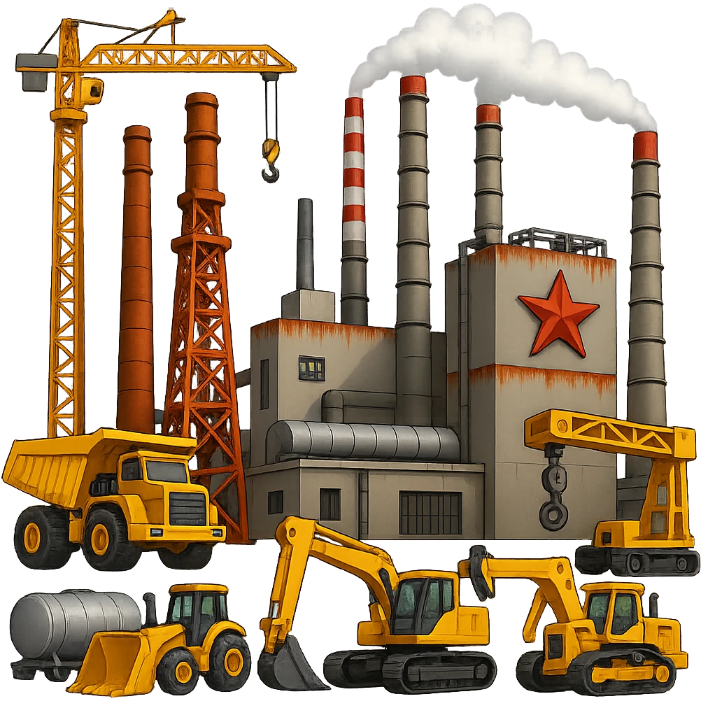 Add more heavy machinery, cranes, and industrial equipment to the Soviet heavy equipment plant in emoji style, with no background. emoji
