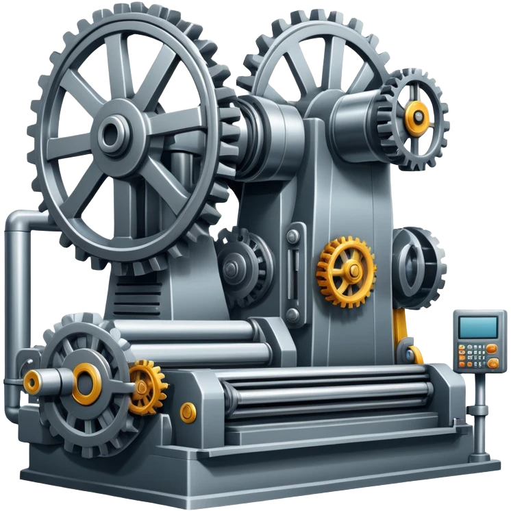 An icon featuring a giant machine tool in a factory, manufacturing machines. The design includes gears, mechanical parts, and a production line, representing the art of mechanical engineering and industrial design. Transparent background highlights precision engineering and manufacturing processes. emoji