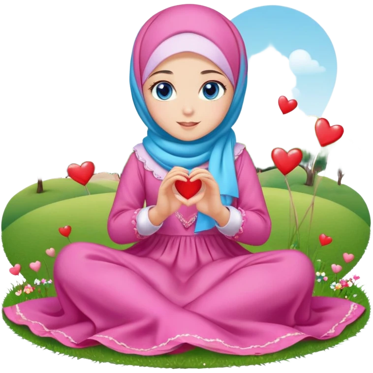Turkish beautiful finish Konya girl blue eyes with candy hijab long tail dress and sits on the grass on the ground and sends hearts with her hand  emoji