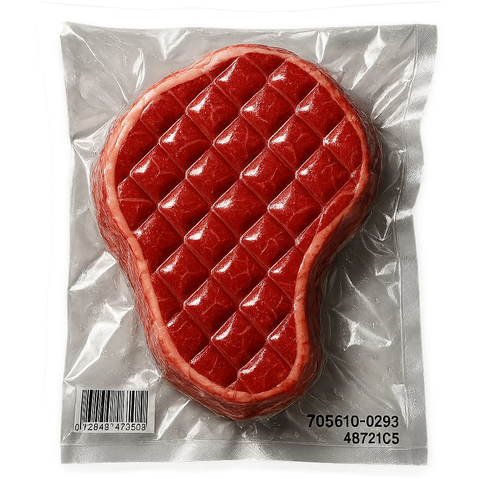 diamond-textured meat steak, shiny and inflated, vacuum-sealed style emoji