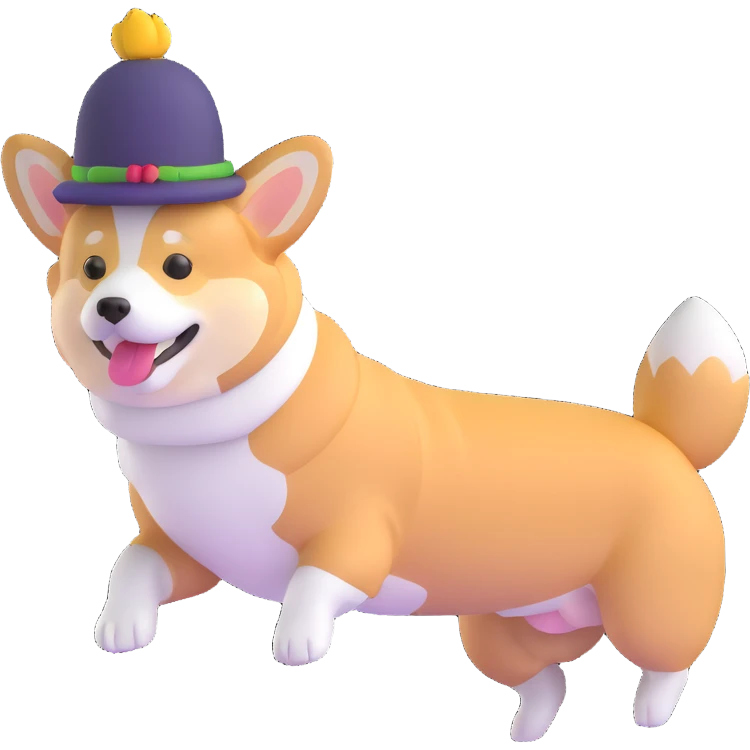 corgi dog jumping with a cute hat emoji