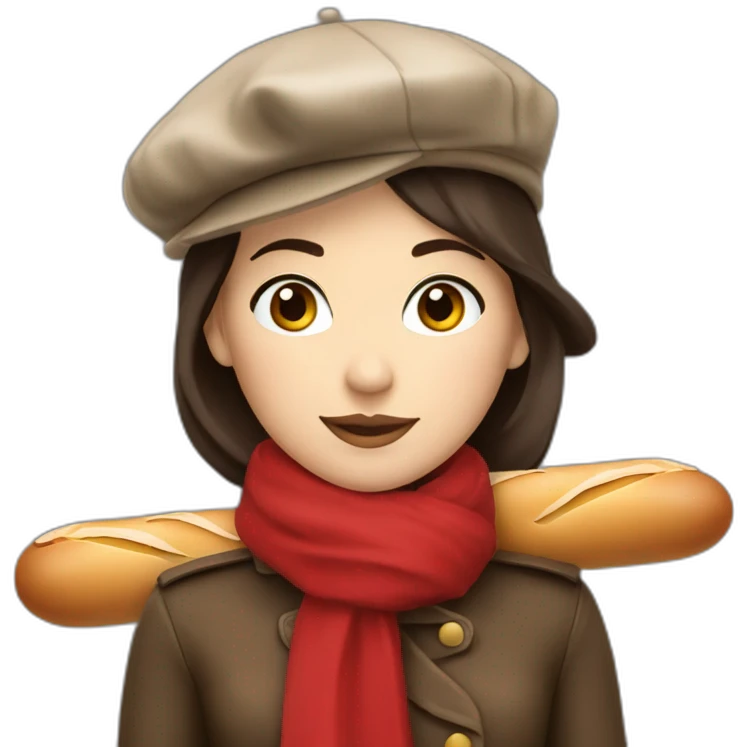 a french brunette girl with a beret, a red scarf and a baguette. emoji