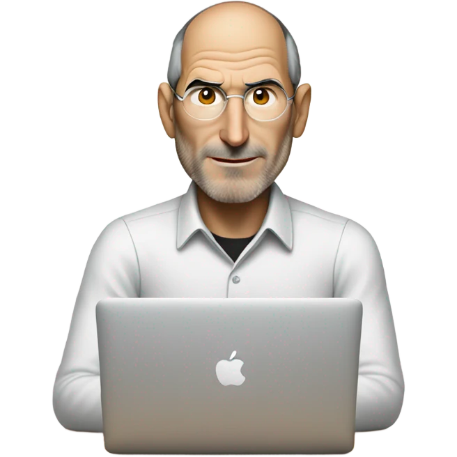 Steve Jobs using a MacBook at a desk emoji