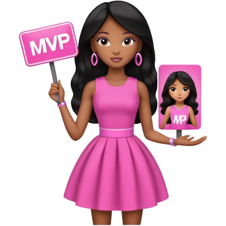 Black barbie, long black  hair, pink dress holding mvp sign  emoji