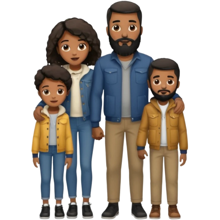 A loving black family of 4, with a father with a full beard, a son and daughter, all dressed in urban chic clothing emoji