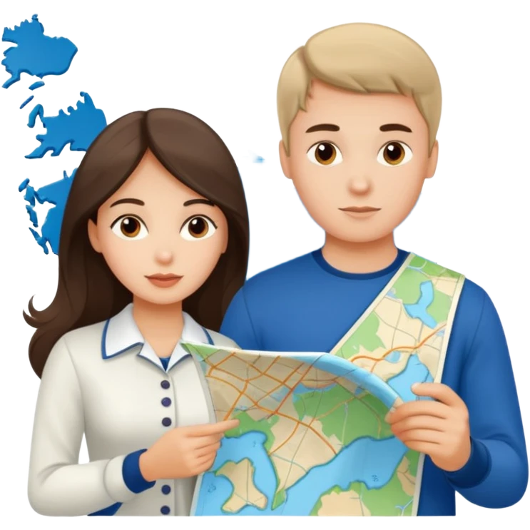 Russian young man and elegant fair-skinned Latina girl in cute costal outfits with a map planning  emoji