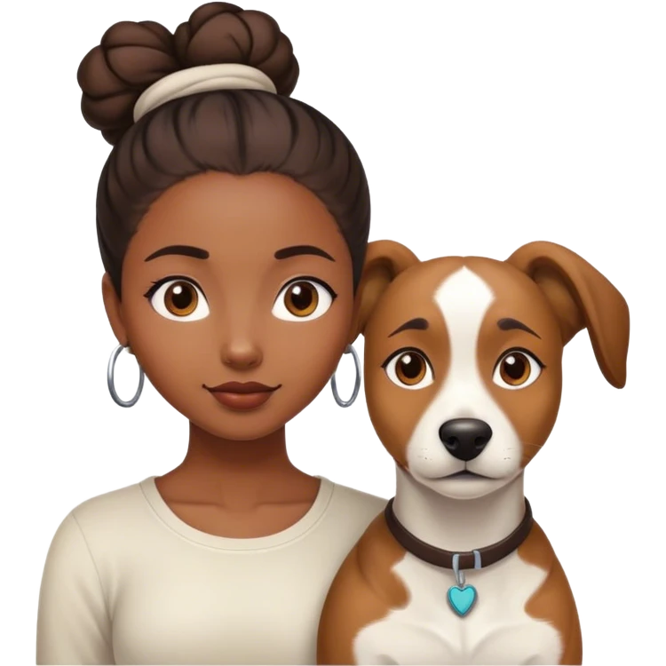 smart, 30 year old, brown African girl, back bun hairstyle, with one big white brown dog emoji