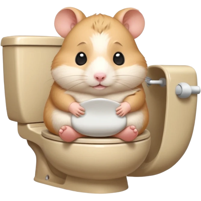 Cute chubby cartoon-style hamster sitting on toilet looking as if he had an accident, sticker-style illustration emoji