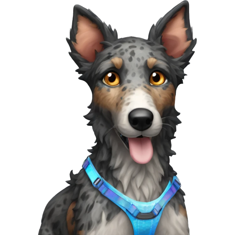  Black spotted brindle fluffy lurcher fox blue eyes fluffy ears and holographic harness running emoji