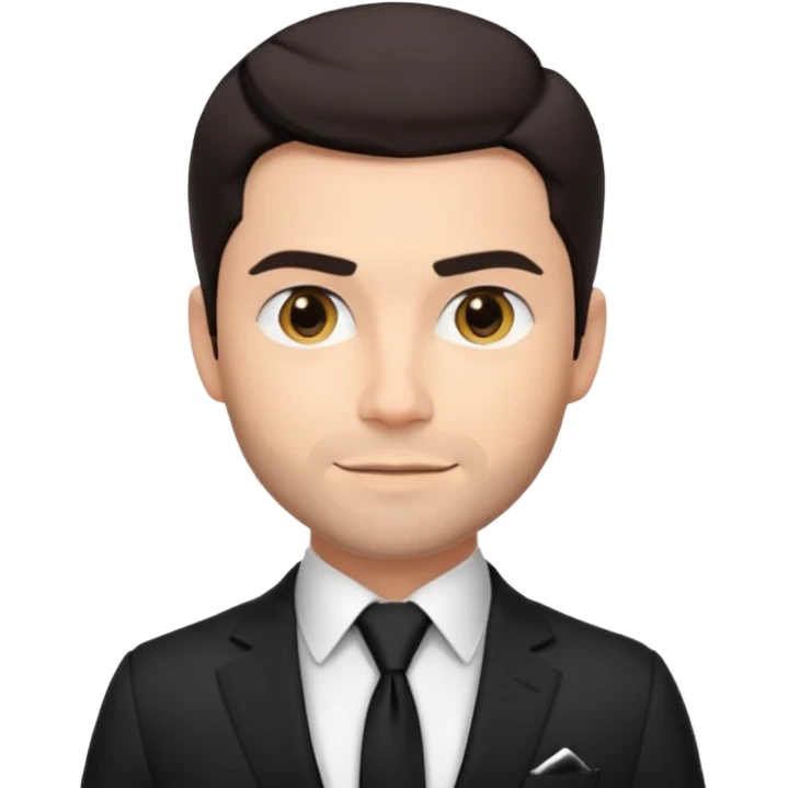 handsome male memoji, dark hair, stubble, wearing a tailored black suit and tie, luxury watch, confident smirk, charismatic aura emoji