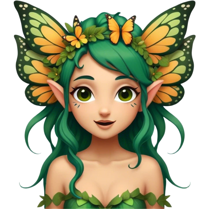 Cinematic Realistic Forest Nymph Fairy Portrait, head tilted dramatically with an exaggeratedly amused expression, featuring a striking, nature-infused form with glowing, sun-kissed tanned skin and vividly detailed dark green hair adorned with floral accents. Her expressive eyes brim with playful forest mischief, rendered with vibrant, lifelike textures and dynamic dappled lighting that conveys a spirited, over‐the‐top woodland whimsy showing her large butterfly wings from her back. emoji