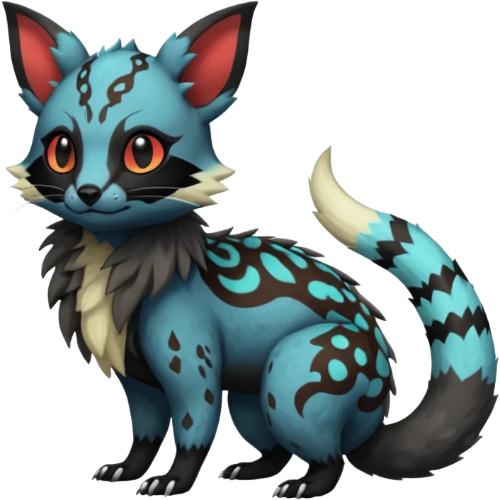 Rare warm-colored exotic cute epic aesthetic gothic colorful Salandit-Eevee-Civet-species-Fakemon-hybrid-creature, with markings, full body emoji