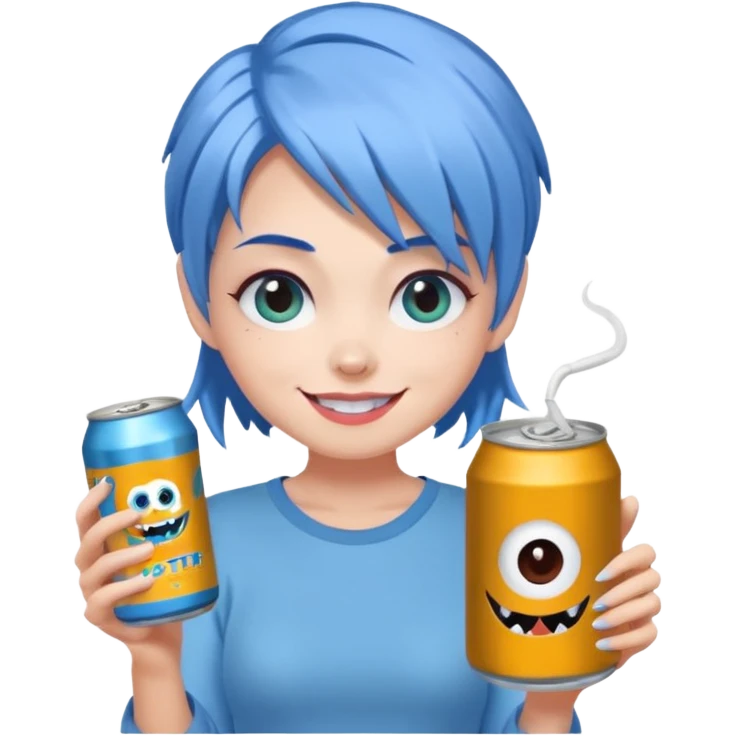Chibi sticker of a woman with powder blue hair, lower back length, with white eyes hold a can of Monster with a smug smile; cozy cartoon style emoji