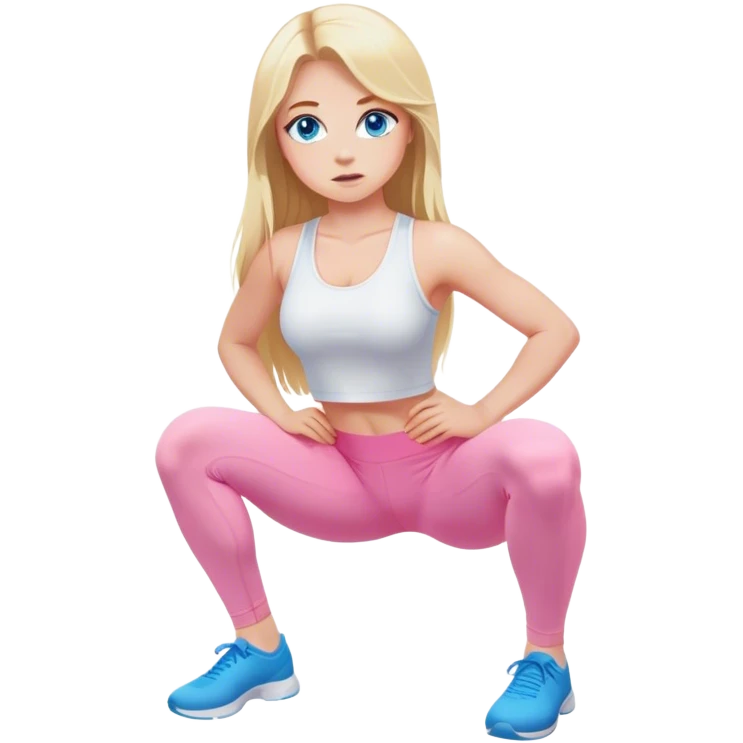 Cinematic realistic blonde with long hair and blue eyes, dressed in a white top and pink leggings, squats emoji