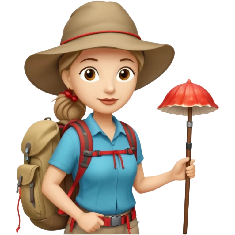 Middle aged women, long brown ponytail with wide brim hiking hat. With backpack and trekking poles. Backpack has a scallop shell with the cross of saint james hanging from it.  Remove the cross and add a scallop shell on a red string hanging from the backpack  emoji