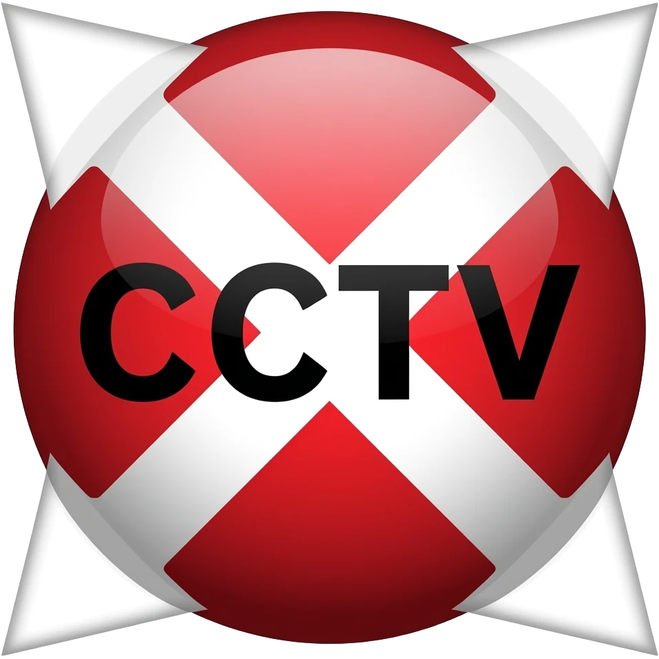 Red filled circle with white X and arrow on all end points on the X white circle in the middle. Big bold CCTV word in the centre in black emoji