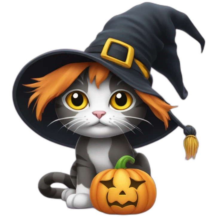 cat wearing a witches hat with abby from sesame street's wand emoji