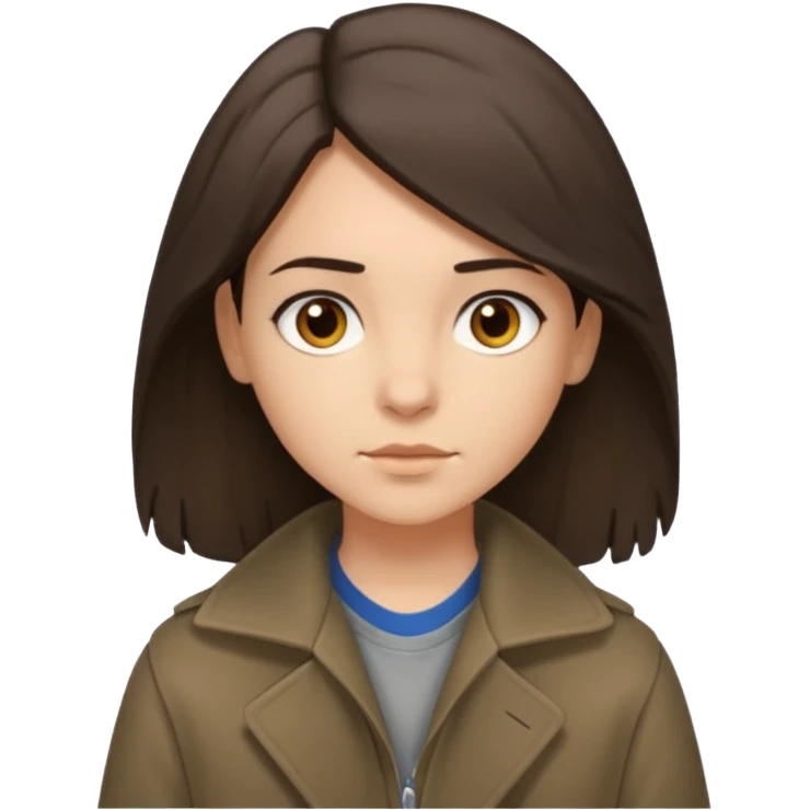Hobo tomboy with shoulder-length dark brown hair that is parted in the middle. brown eyes, dark dull brown coat, grey shirt. emoji
