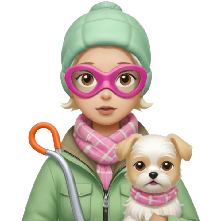 female character in cozy winter outfit, soft pastel green jacket, beige plaid scarf, snorkel mask with pink detailing, holding cute white Maltese dog, angry expression, bright and clear, Apple emoji style emoji