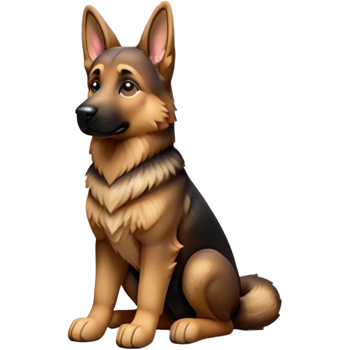 cinematic-[german shepherd]-realistic-full-body-sitting-emoji,-tail-resting-loosely-beside-its-paws,-head-tilted-dramatically,-sleek-[brown and black]-fur,-simplified-yet-realistic-focused-features,-highly-detailed,-glowing-with-an-almost-sarcastic-glow emoji