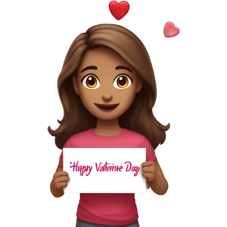 Girl with brown hair and eyes holding a sign that says Happy valentine day sign  emoji
