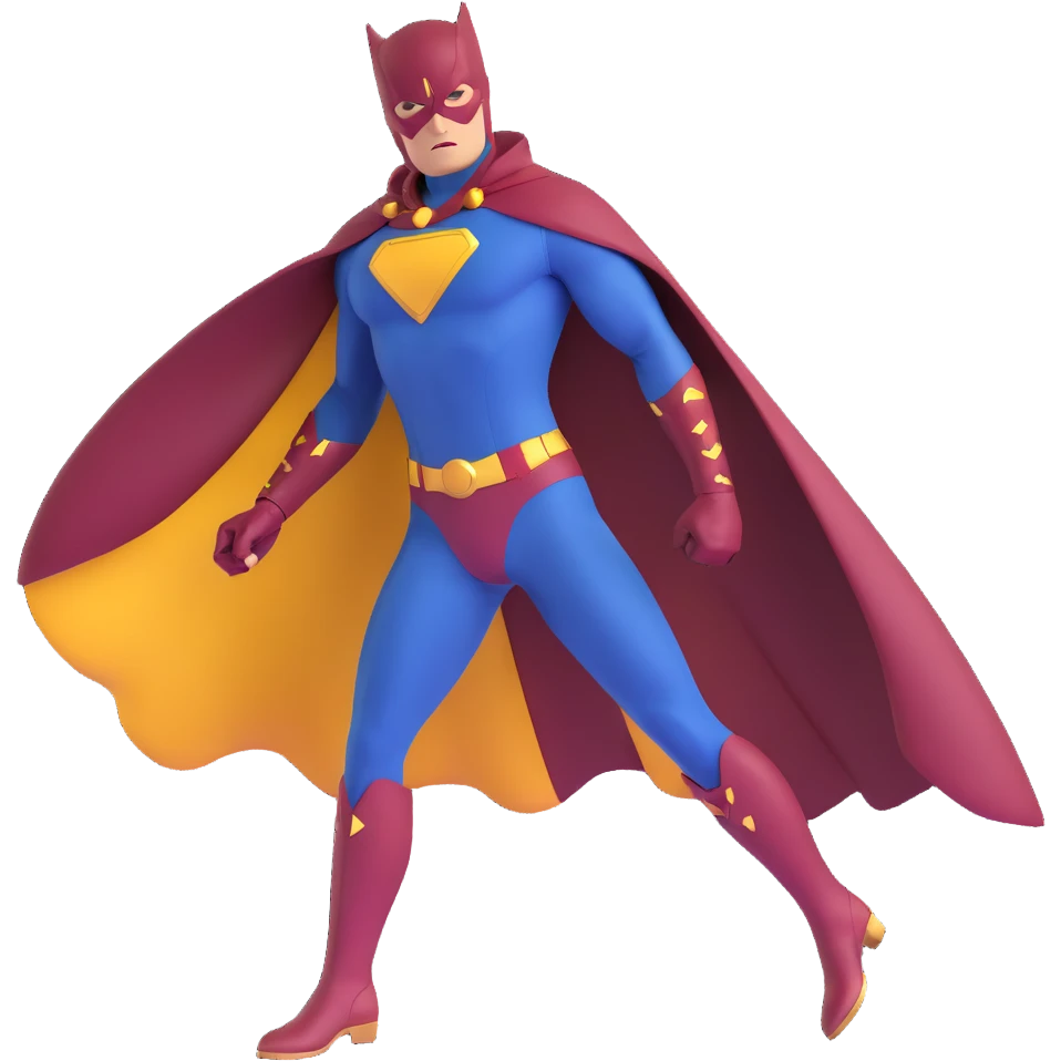 superhero in dark blue and maroon bodysuit with gold accents, digital cape, maroon boots, dynamic stance emoji