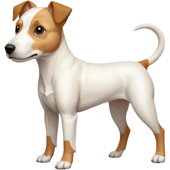 a full body facing front on of a buff white parson russell terrier looking dog the size of a kelpie with light brown long ears resting on its face and a light brown patch on one eye and a large snout. the rest of the dog is completely white.  emoji