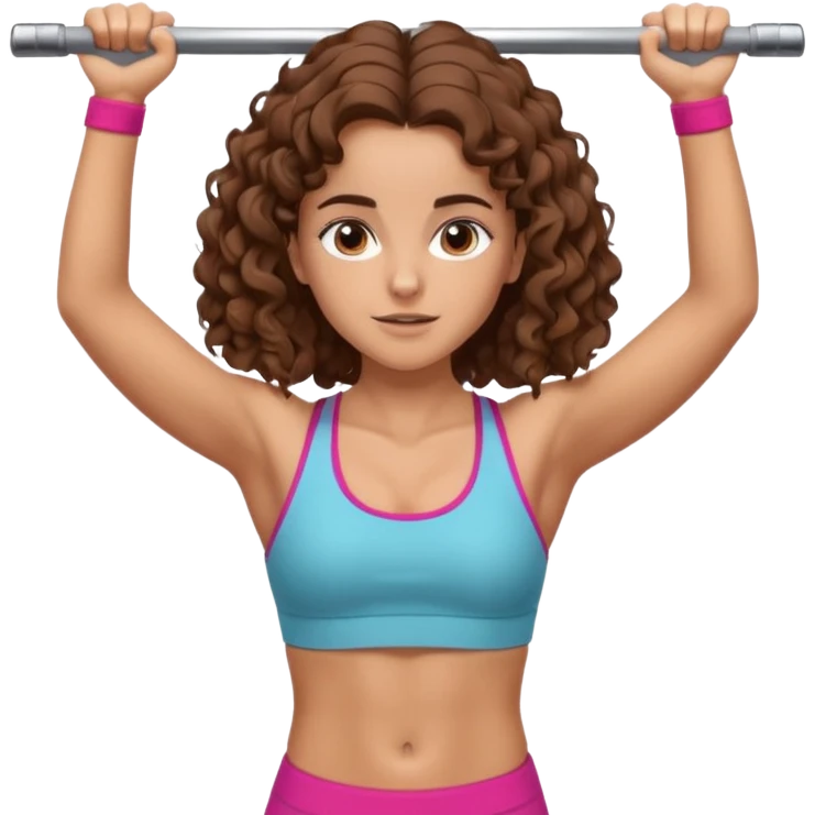 full body, very beautiful italian girl, looking like Emma Watson, with curly and big volume very bright brown hair, workout clothes doing a pullup

 emoji