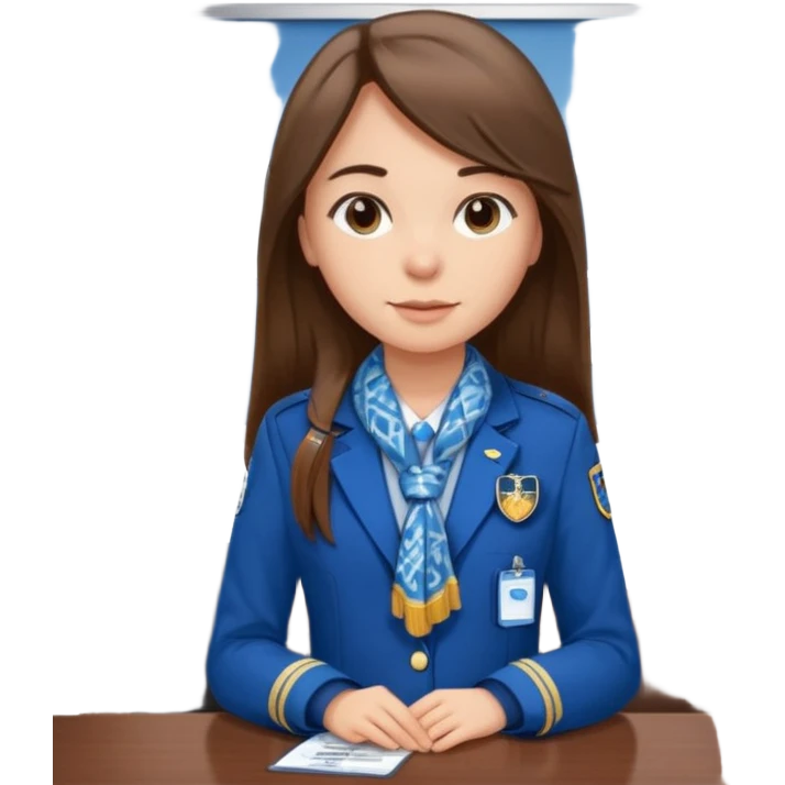 Young girl, long straight hair, wearing uniform jacket with hotel name badge, tasteful scarf, stand behind the desk

 emoji