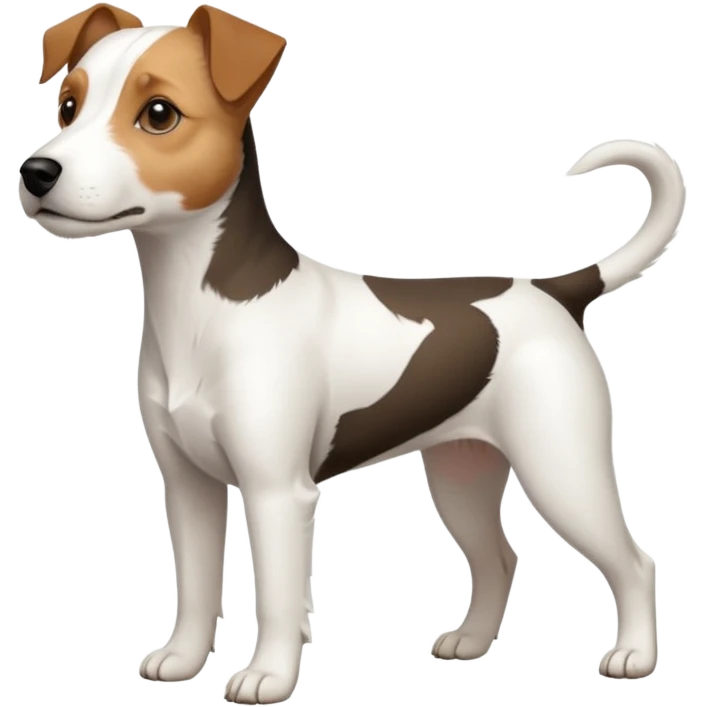 a full body white parson russell looking dog the size of a kelpie with light brown ears and a light brown patch on one eye and a large snout emoji