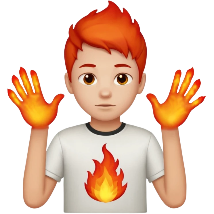 A boy with no hands fire instead made out of red fire and the boy is wearing a shirt that says FIRE C emoji