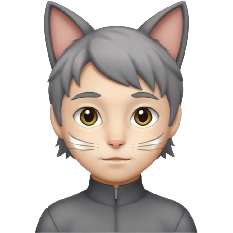 Boy in gray cat suit with tail and ears emoji