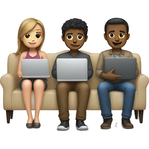 2 girl and 3 man each of them holding laptop and sit together  emoji