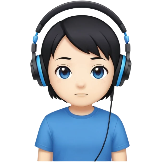 masterpiece, anime style, chibi, illustrated logo, short medium shot, emote for twitch wearing headphones, short black hair, blue t-shirt emoji