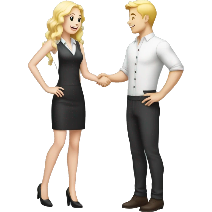 restaurant owner with white skin and blogger with white skin and blonde hair shaking hands in full height emoji