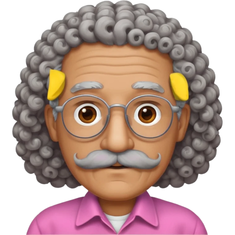 old guy with very curly hair and brown shades and big  pink mustache emoji