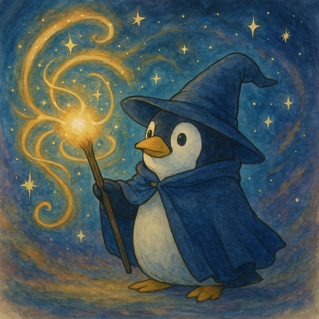 ghibli style penguin wizard casting a spell with a magical background emoji