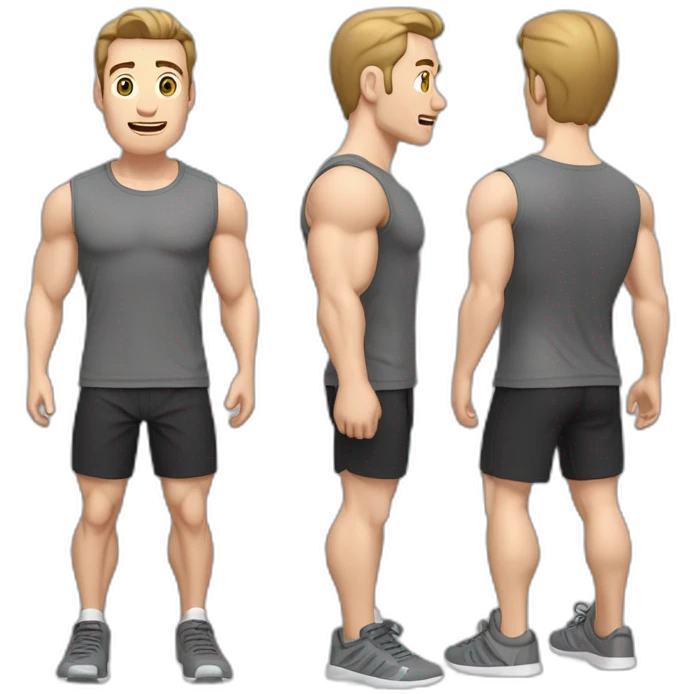 Surprised Pale skinned Fit Man With the biceps and dark brown hair in black shirt, gray sports shorts and white Sneakers emoji