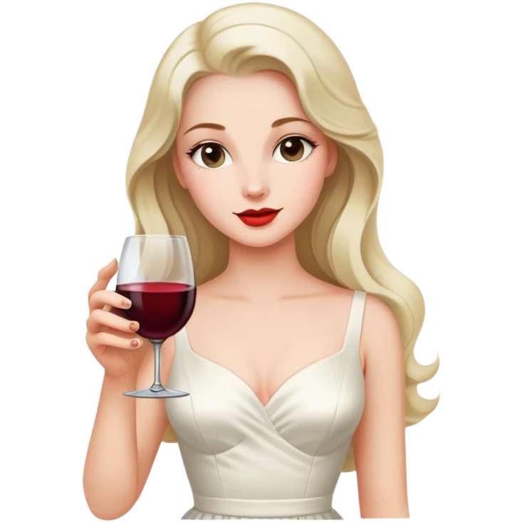 Beautiful woman in 1950’s woman fashion look, white dress, long hair, wine emoji