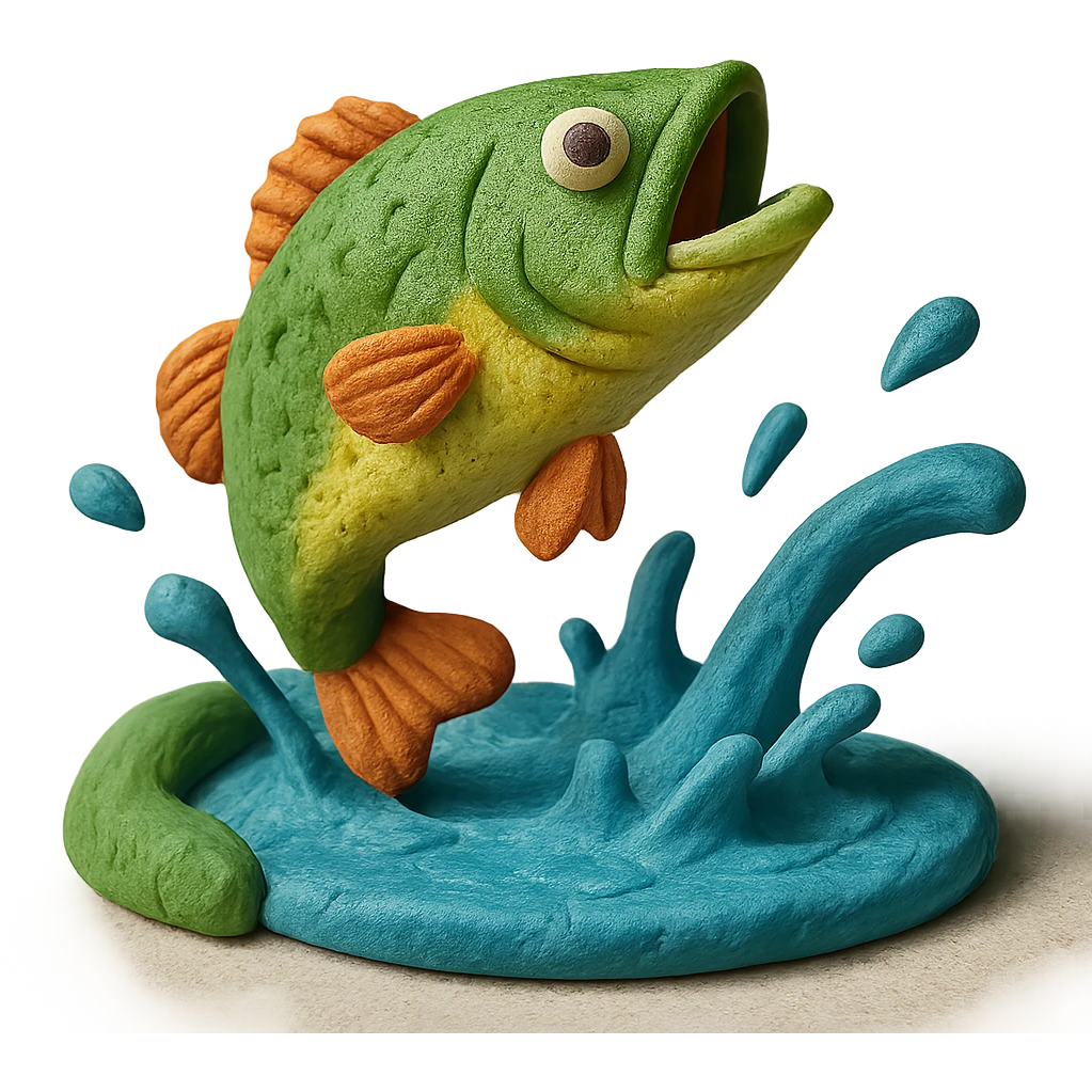 bass jumping out of a pond with water splashes, playful and colorful, claymation style emoji
