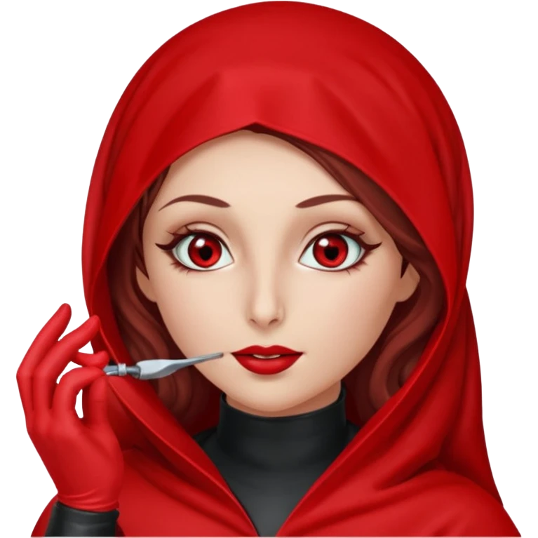 Lilith scalpel in hand, evil surgeon outfit.  She has red eyes. She has dark brown curly hair. Hair is long . Wears sexy doctor outfit with red gloves. Covers nose, neck and mouth with Muslim red burka emoji