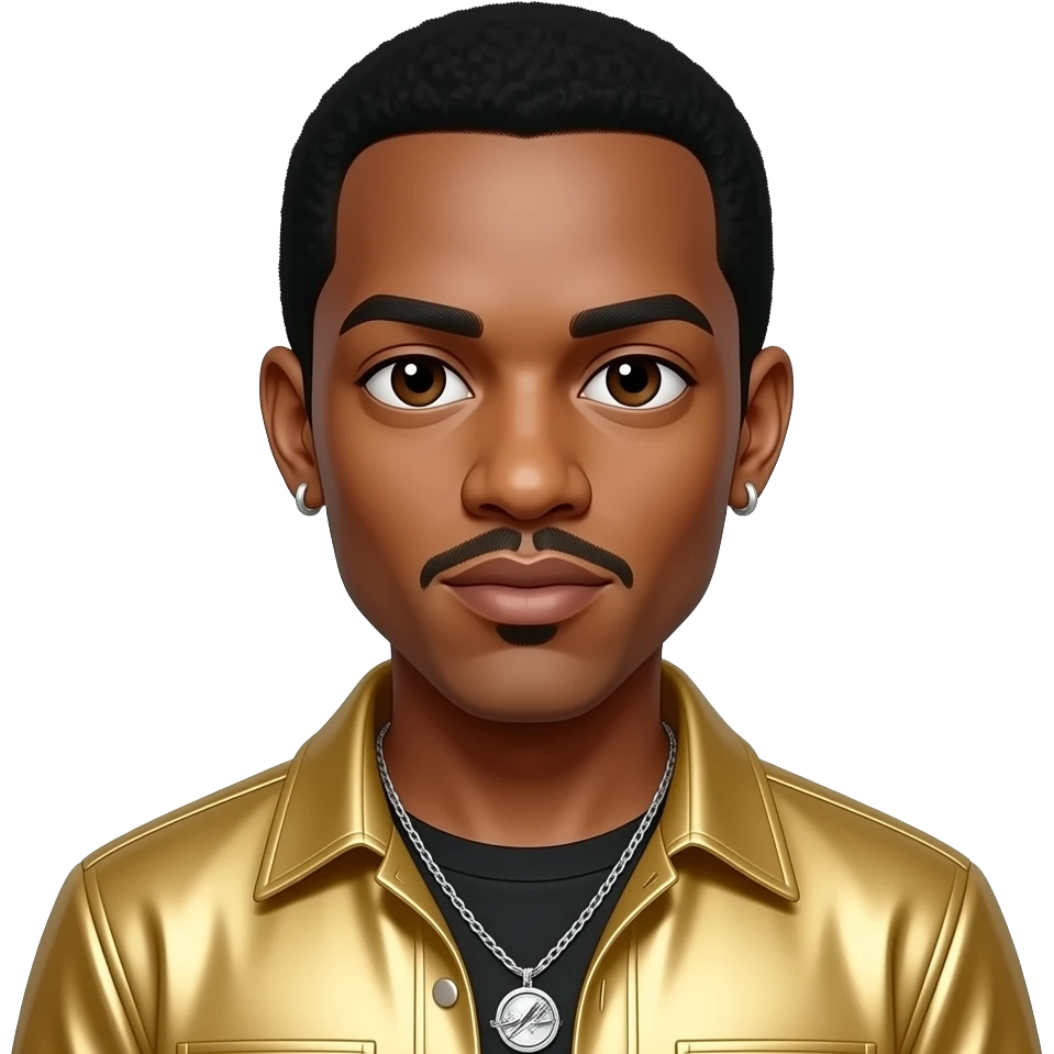 MC Hammer with dark brown eyes, black hair, gold metallic shirt, silver necklace and short earrings emoji