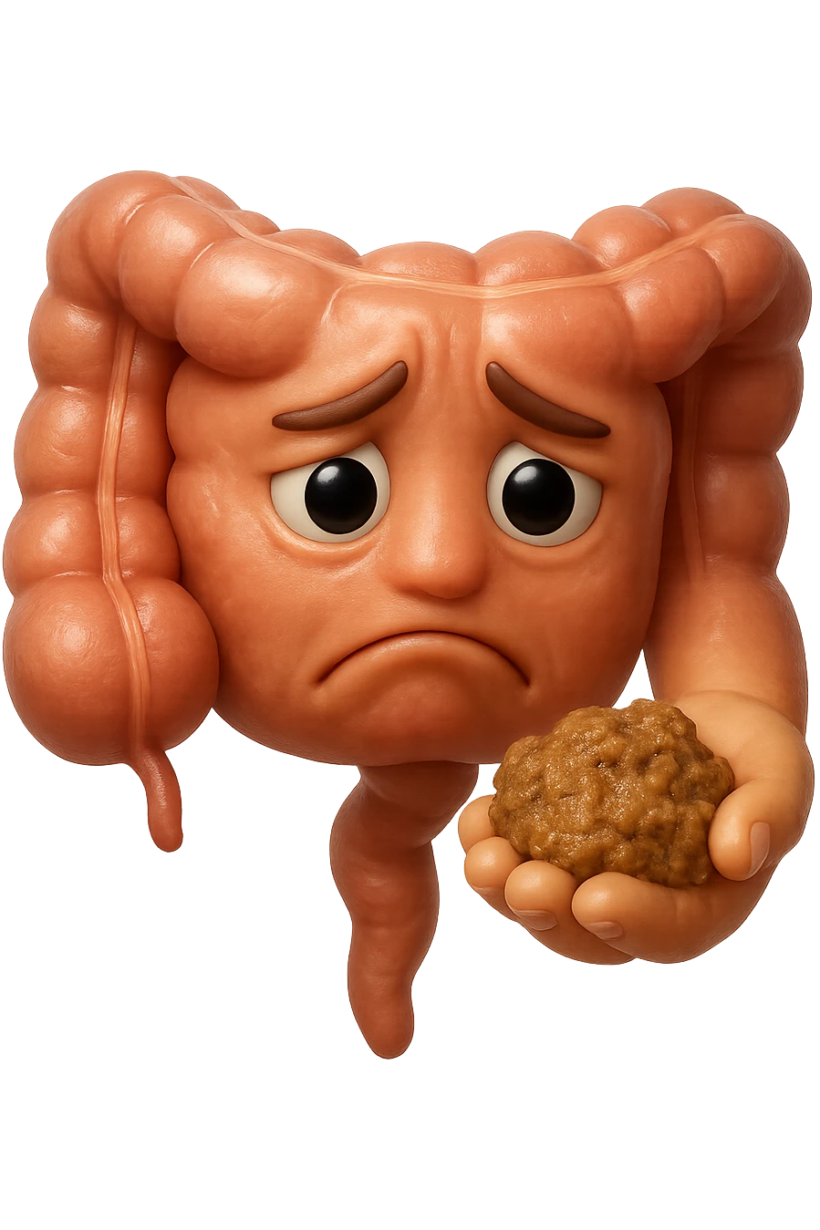 EMOJI STILE IPHONE 3D DI un intestino con espressione triste mentre tiene in mano delle fibre fermentate a poltiglia, FALLO MOLTO REALISTICO IN 3D emoji