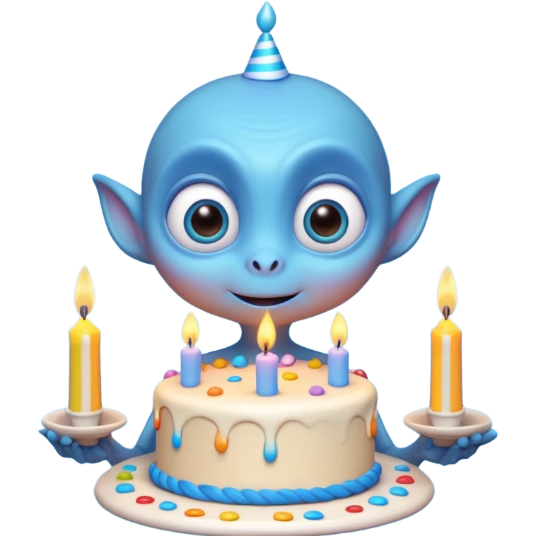 A cute friendly alien holding a birthday cake with candles, big expressive eyes, bright colors, cartoon style, playful atmosphere, 3D animated look, Pixar-inspired, highly detailed
 emoji