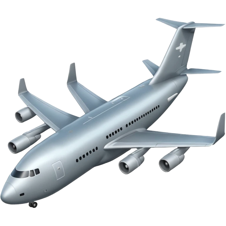 A 3D cartoon cargo aircraft with large body and rear loading door, mid-flight with faint clouds, Memoji-style realism. emoji