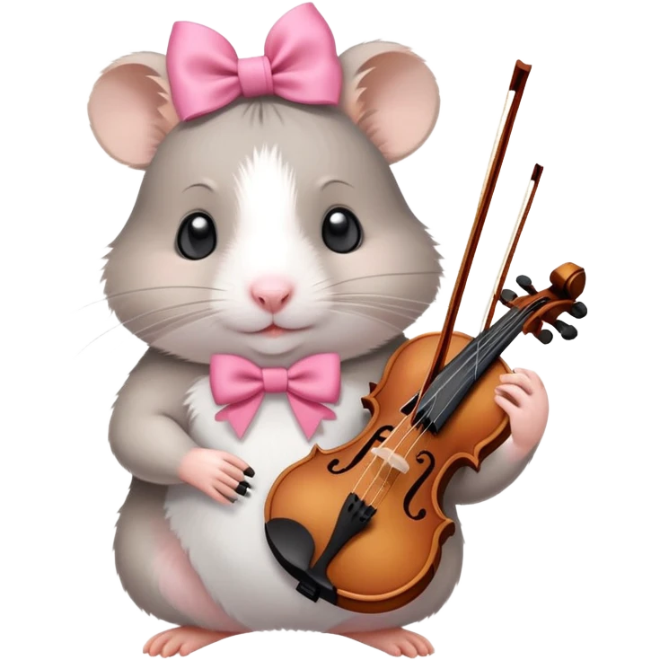 gray hamster with a pink bow on it's head and holding a violin emoji